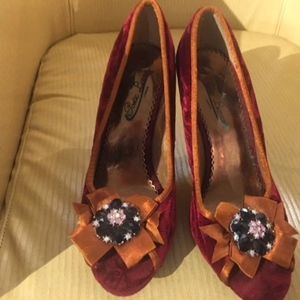 Red velvet & orange jeweled shoes